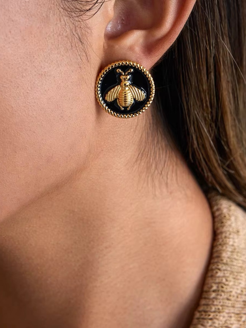 18K Gold Plated Black Enamel Button Bee Stud Earrings - Picture 4 of 6
